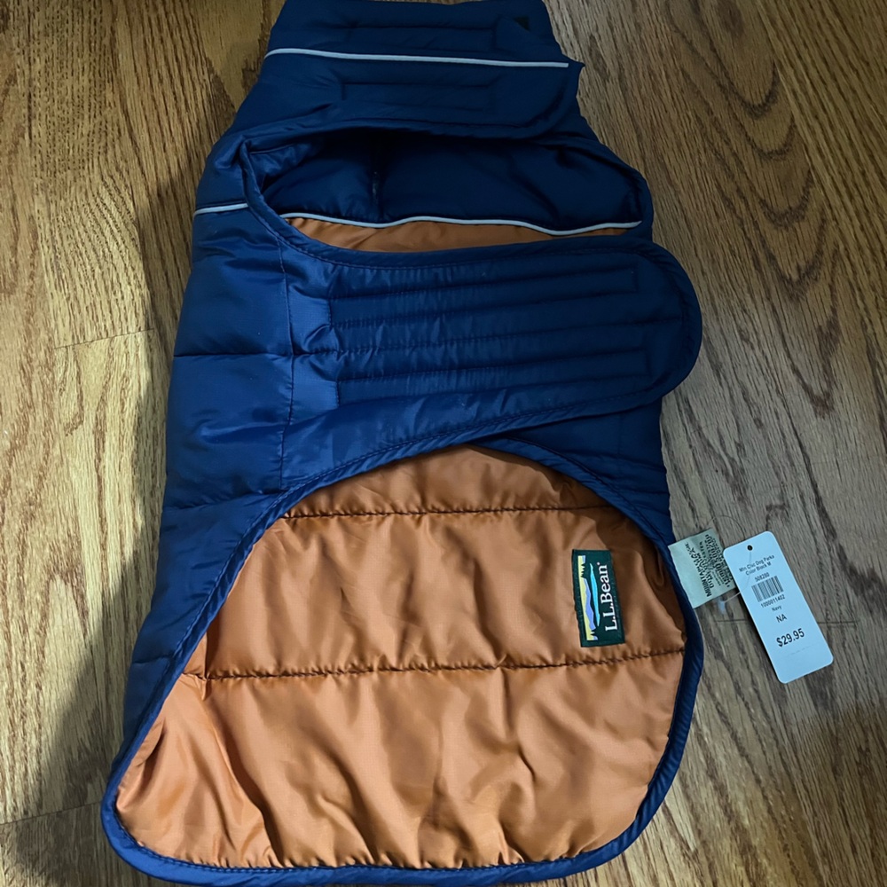 L.L. Bean Navy and Orange Quilted Dog Coat